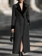 Velvet Lapel Pinstripe Double-Breasted Long Coat