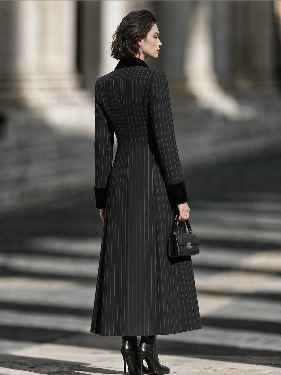 Velvet Lapel Pinstripe Double-Breasted Long Coat