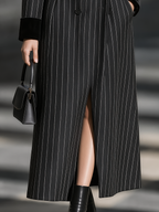 Velvet Lapel Pinstripe Double-Breasted Long Coat