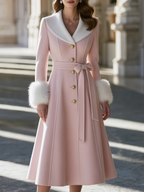 Elegant Faux Fur Collar And Cuffs Belted A-Line Long Coat