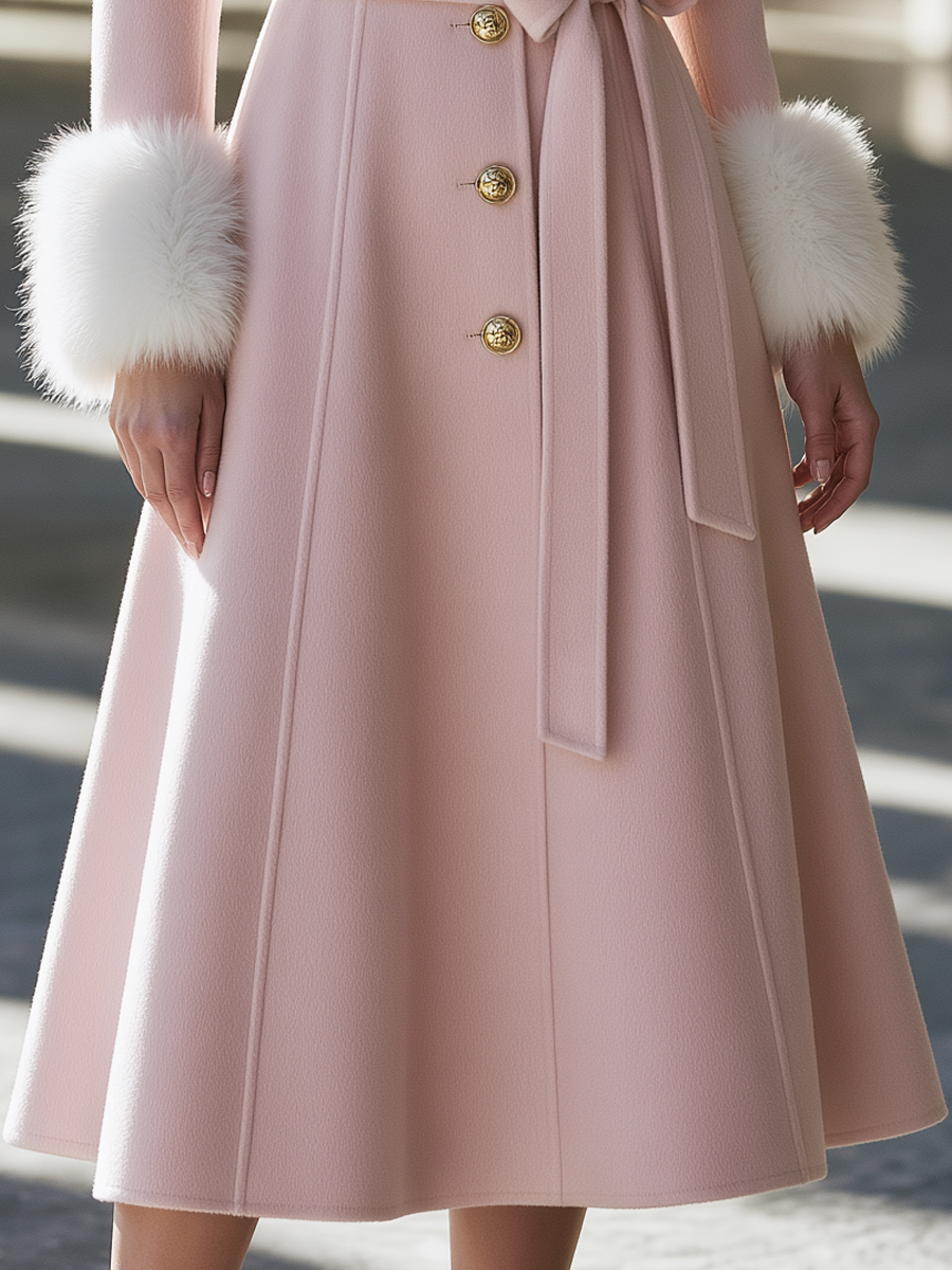 Elegant Faux Fur Collar And Cuffs Belted A-Line Long Coat