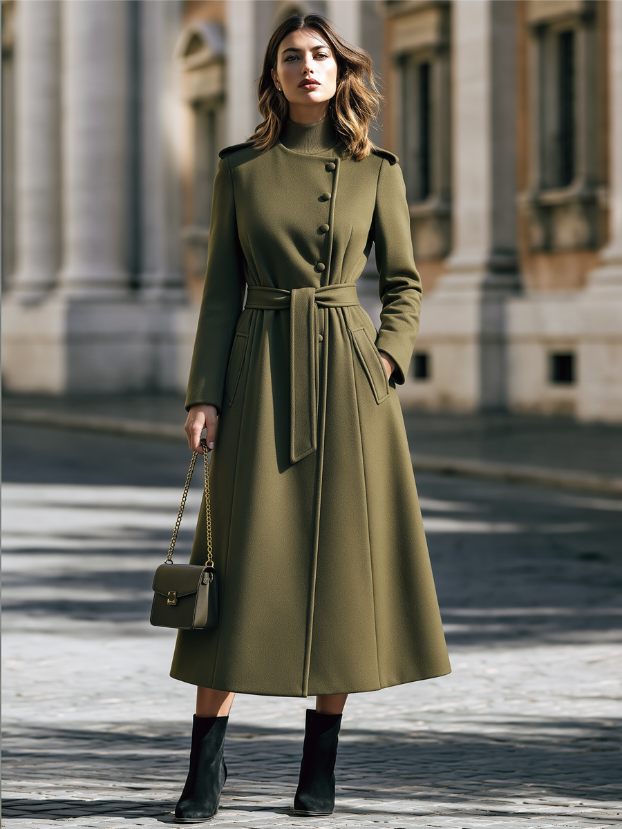 Stand Collar Belted A-Line Long Wool Coat