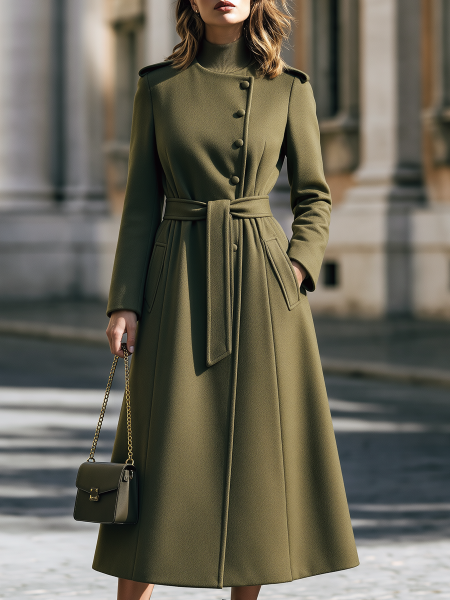 Stand Collar Belted A-Line Long Wool Coat
