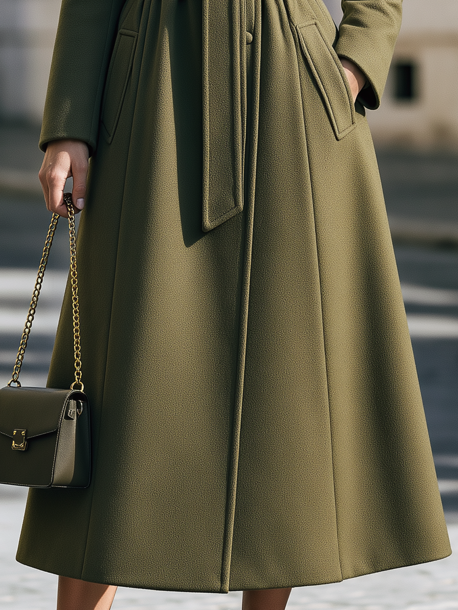 Stand Collar Belted A-Line Long Wool Coat
