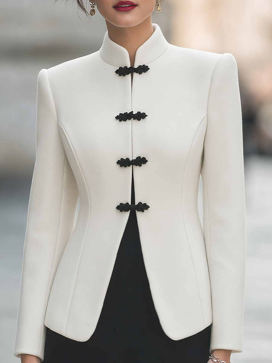 Ivory Stand Collar Black Frog Button Fitted Tailored Jacket