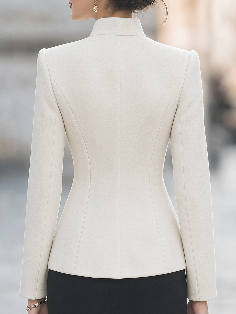Ivory Stand Collar Black Frog Button Fitted Tailored Jacket