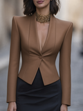 Camel Collarless Single-Button Sharp Shoulder Fitted Blazer