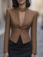 Camel Collarless Single-Button Sharp Shoulder Fitted Blazer