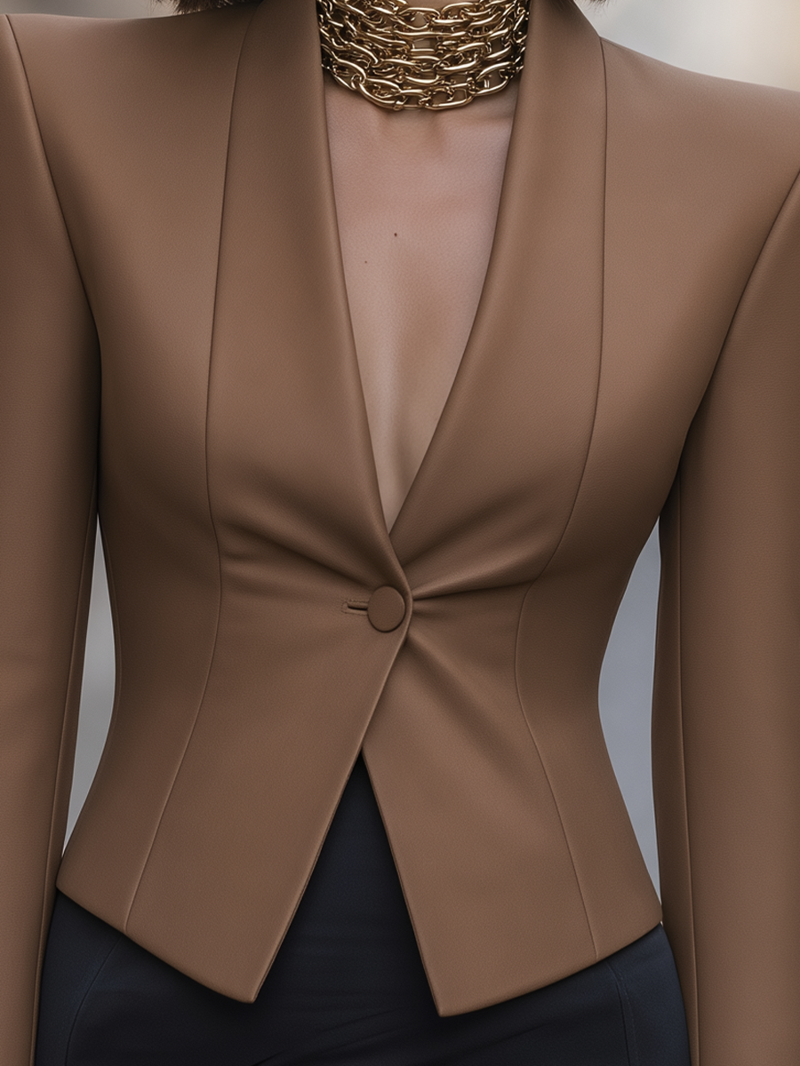 Camel Collarless Single-Button Sharp Shoulder Fitted Blazer