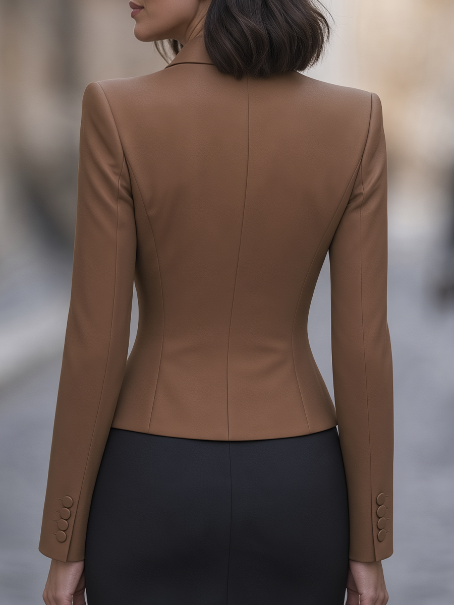 Camel Collarless Single-Button Sharp Shoulder Fitted Blazer