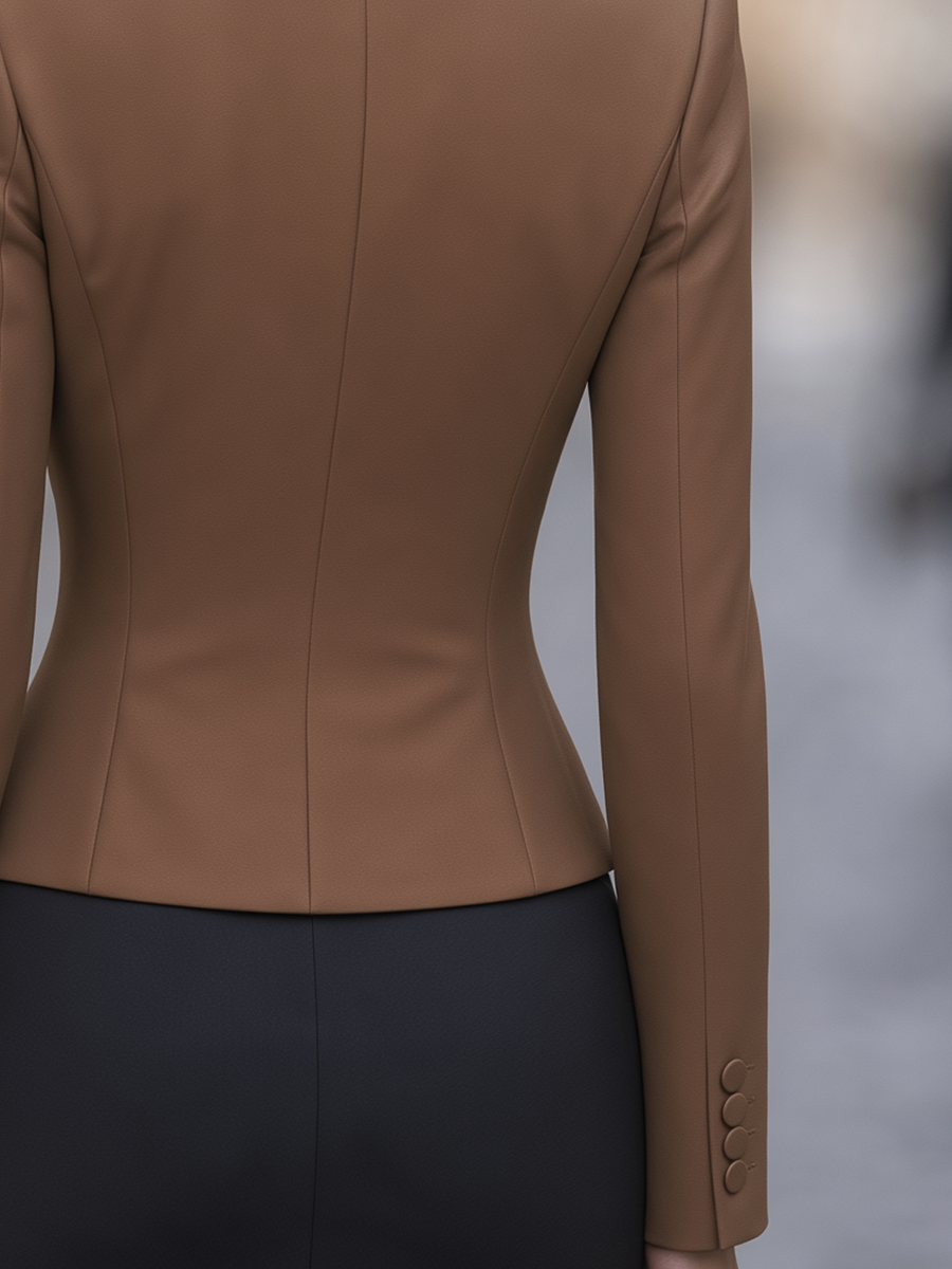 Camel Collarless Single-Button Sharp Shoulder Fitted Blazer