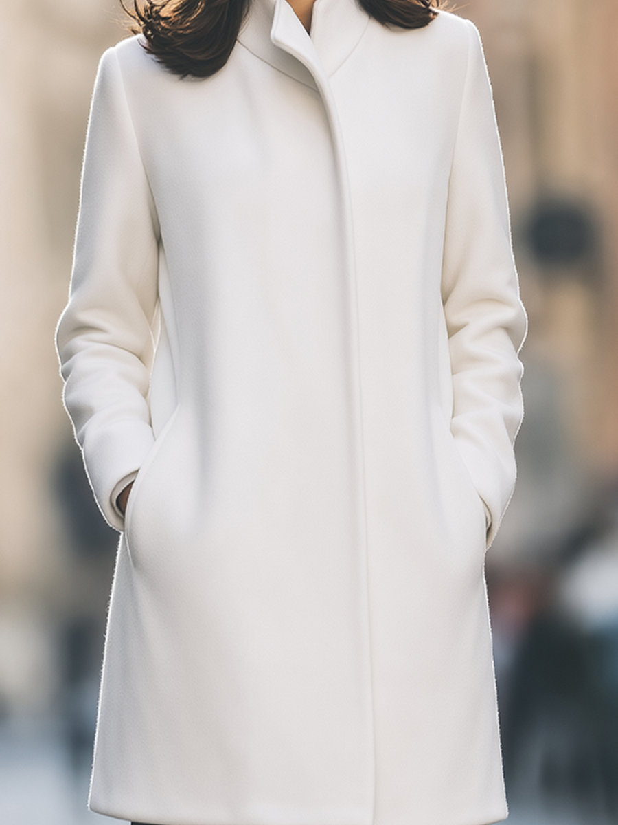 Ivory Funnel Neck Concealed Placket Straight Wool Coat