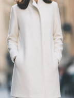 Ivory Funnel Neck Concealed Placket Straight Wool Coat