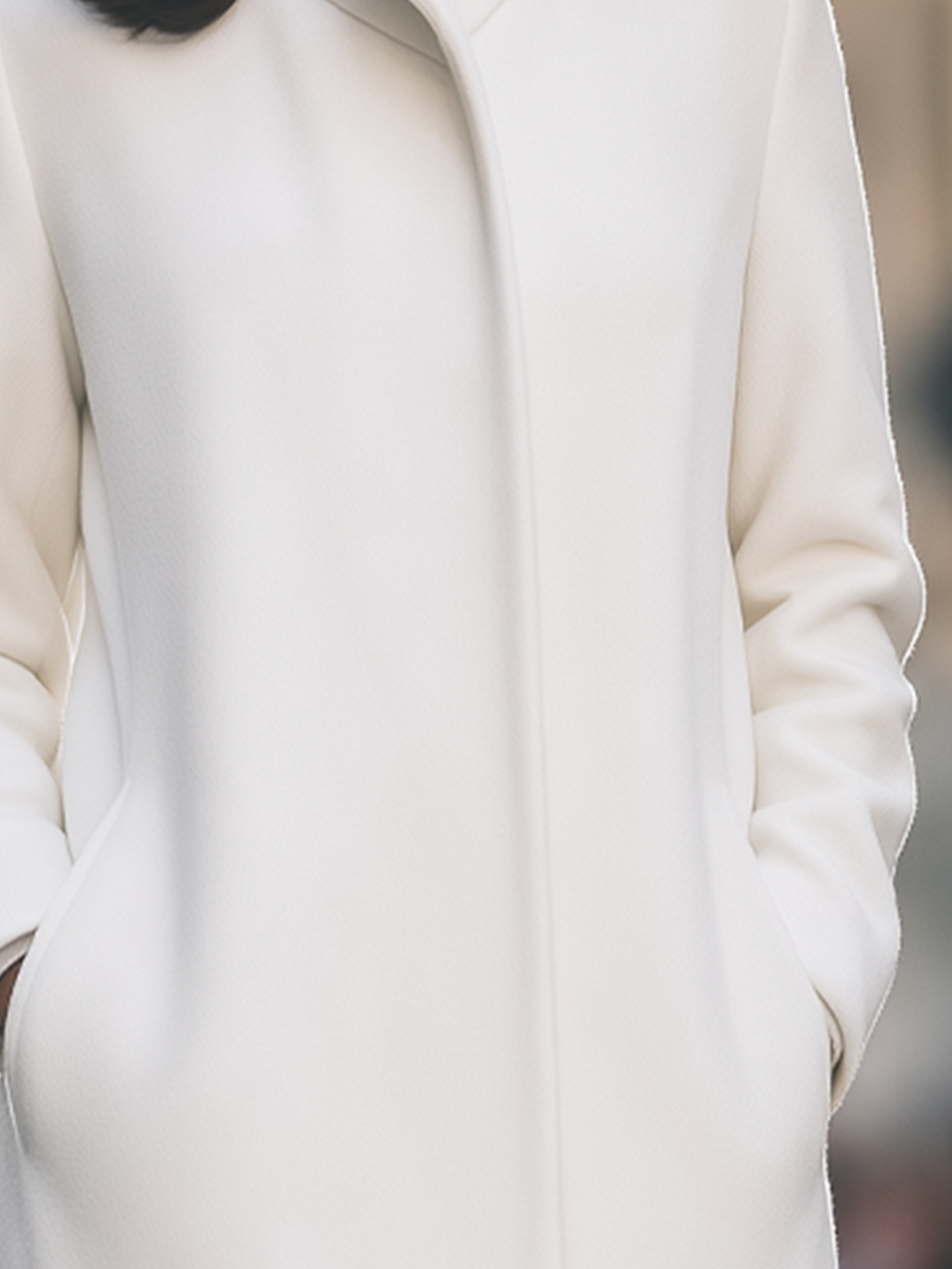 Ivory Funnel Neck Concealed Placket Straight Wool Coat