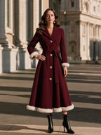 Elegant Fur Trim Gold-Button Belted Waist Long Coat