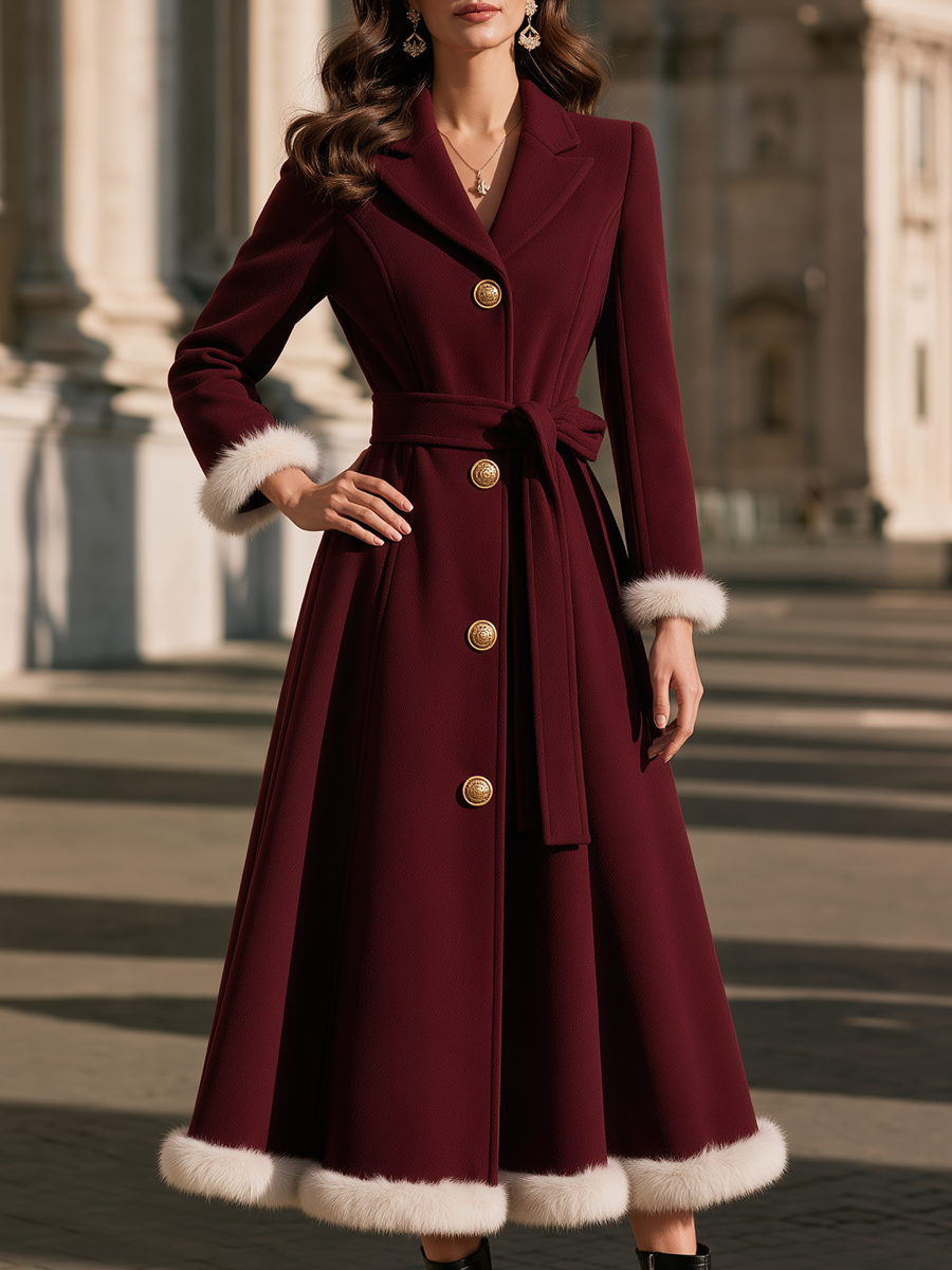 Elegant Fur Trim Gold-Button Belted Waist Long Coat