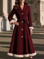 Elegant Fur Trim Gold-Button Belted Waist Long Coat