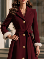 Elegant Fur Trim Gold-Button Belted Waist Long Coat
