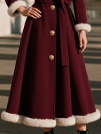 Elegant Fur Trim Gold-Button Belted Waist Long Coat