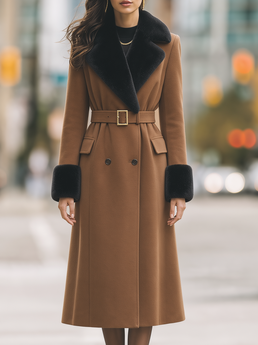 Camel Faux Fur Collar Belted Double-Breasted A-Line Long Coat