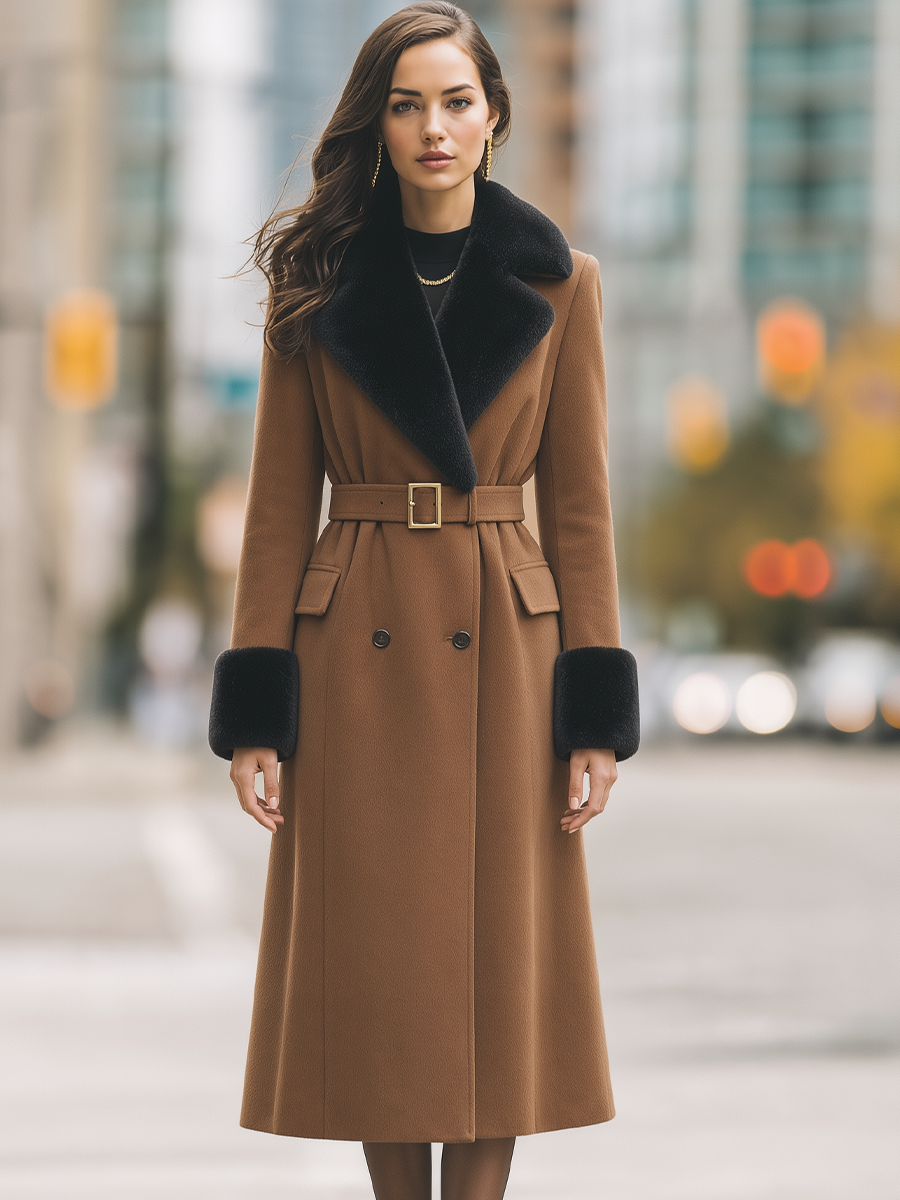 Camel Faux Fur Collar Belted Double-Breasted A-Line Long Coat