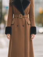 Camel Faux Fur Collar Belted Double-Breasted A-Line Long Coat