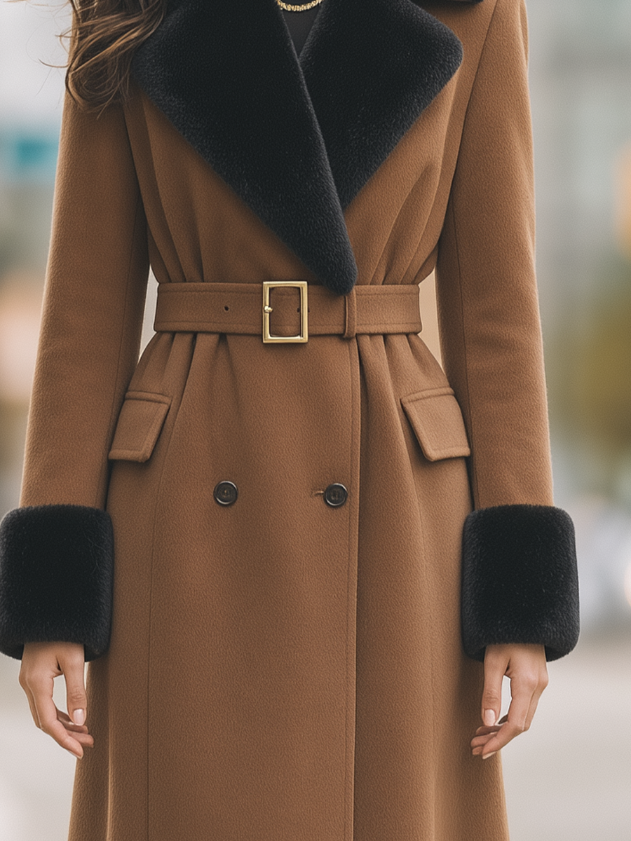 Camel Faux Fur Collar Belted Double-Breasted A-Line Long Coat