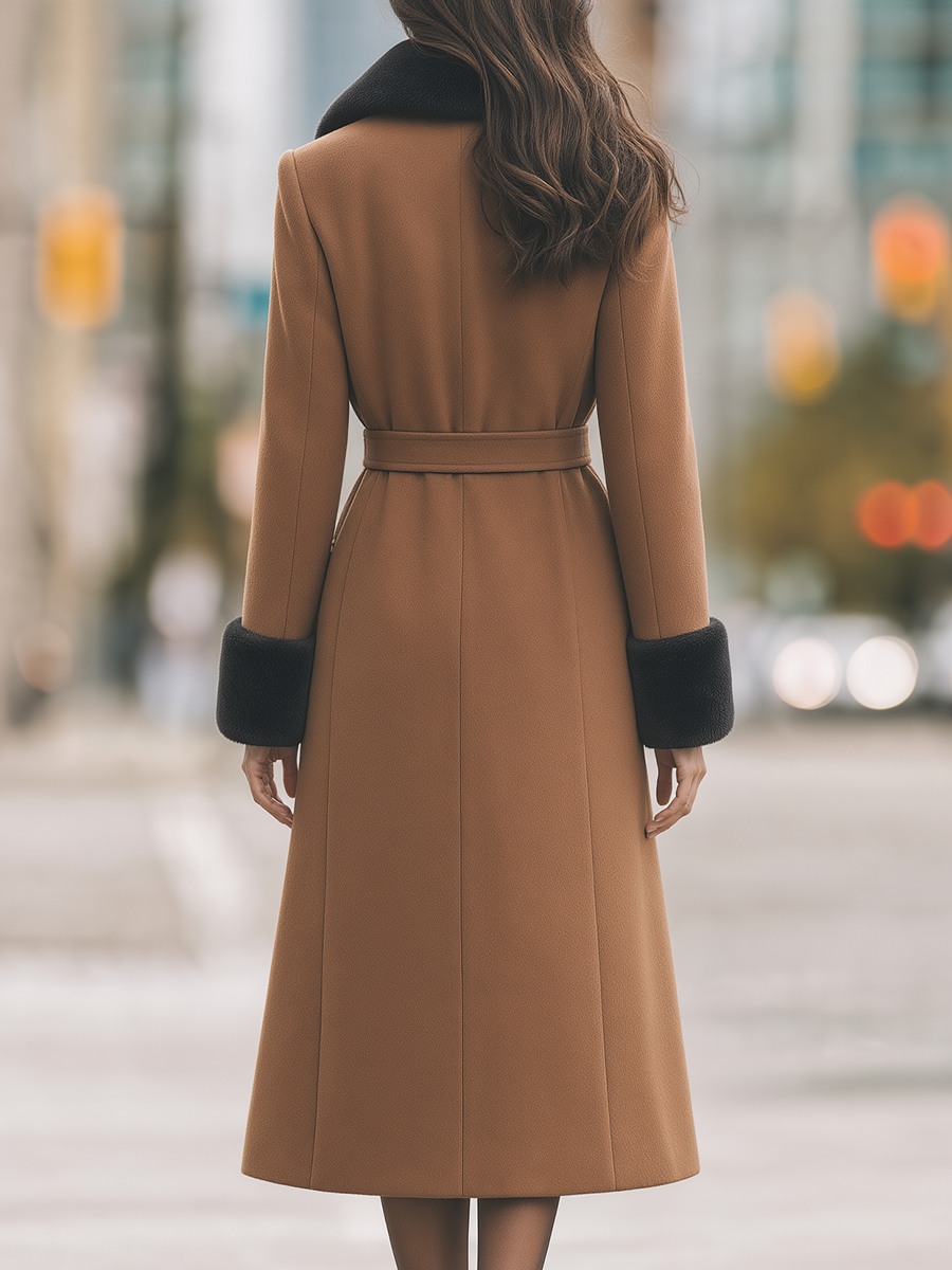 Camel Faux Fur Collar Belted Double-Breasted A-Line Long Coat