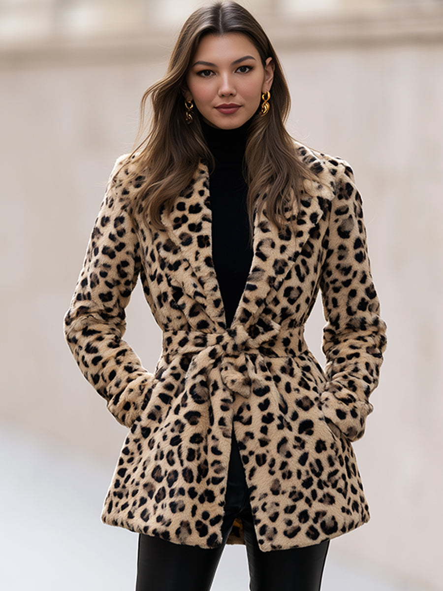 Leopard Faux Fur Belted Jacket
