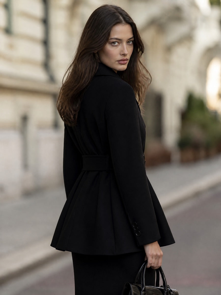 Belted Single-Breasted Peplum Blazer With Notched Lapels