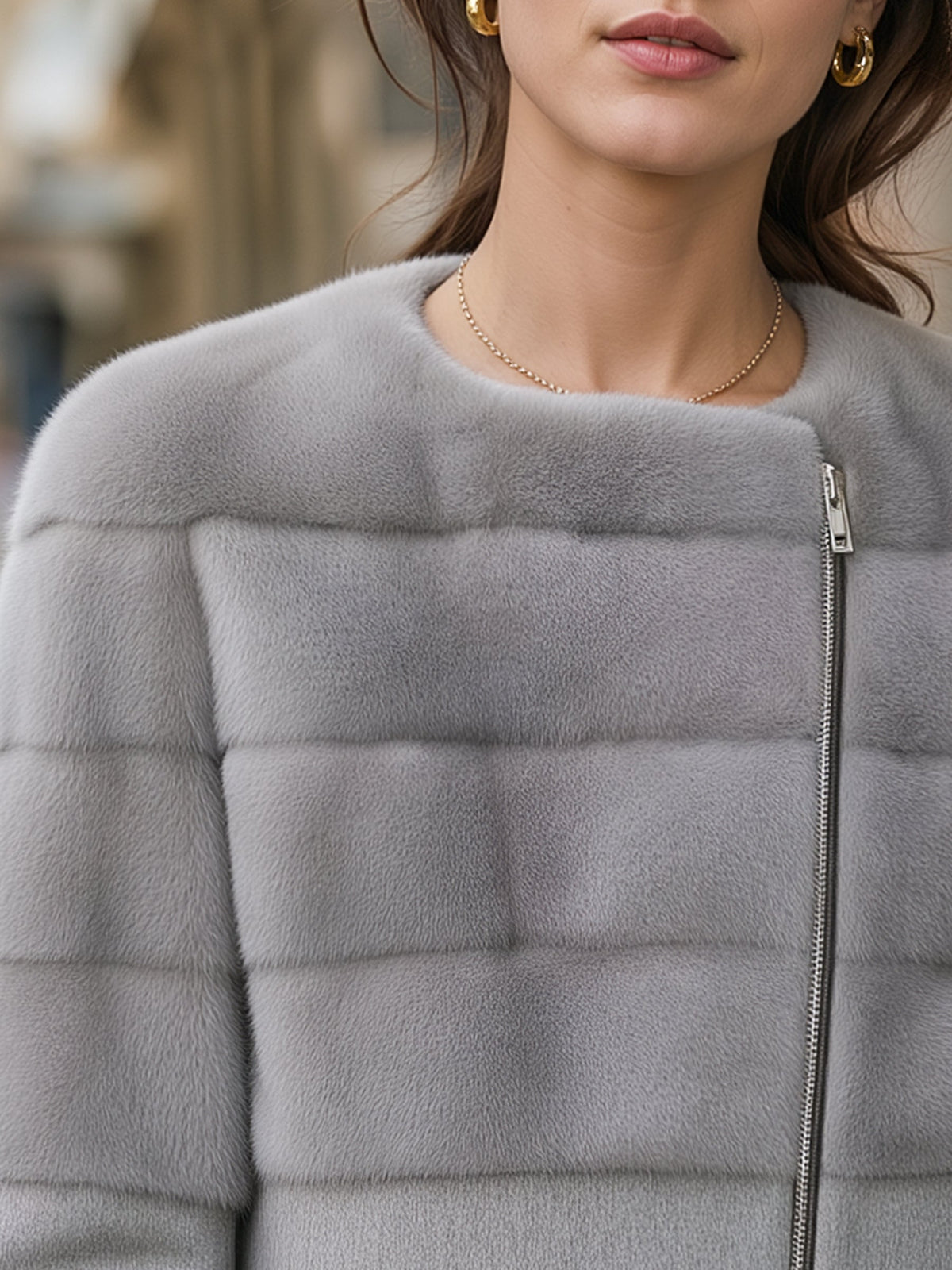 Asymmetric Zip-Front Faux Fur Panel Short Coat