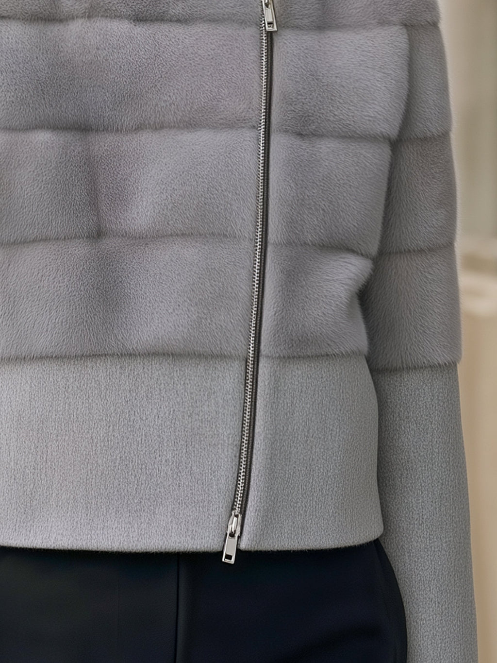 Asymmetric Zip-Front Faux Fur Panel Short Coat