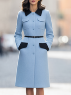 Light Blue Contrast Collar Belted Button Front A-Line Midi Coat