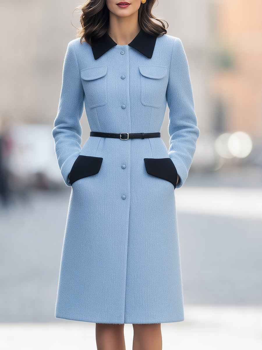 Light Blue Contrast Collar Belted Button Front A-Line Midi Coat
