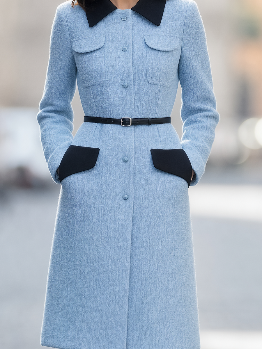 Light Blue Contrast Collar Belted Button Front A-Line Midi Coat
