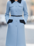 Light Blue Contrast Collar Belted Button Front A-Line Midi Coat