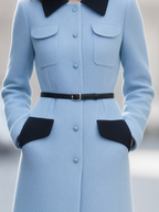 Light Blue Contrast Collar Belted Button Front A-Line Midi Coat