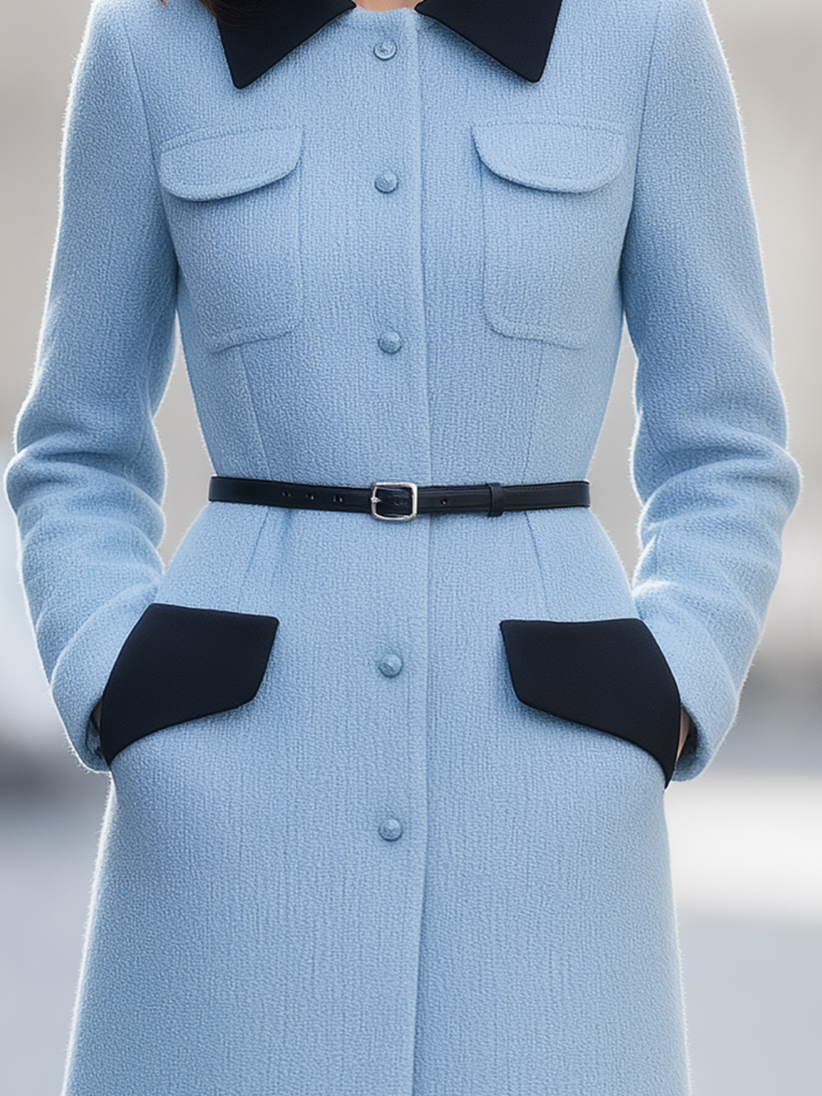 Light Blue Contrast Collar Belted Button Front A-Line Midi Coat
