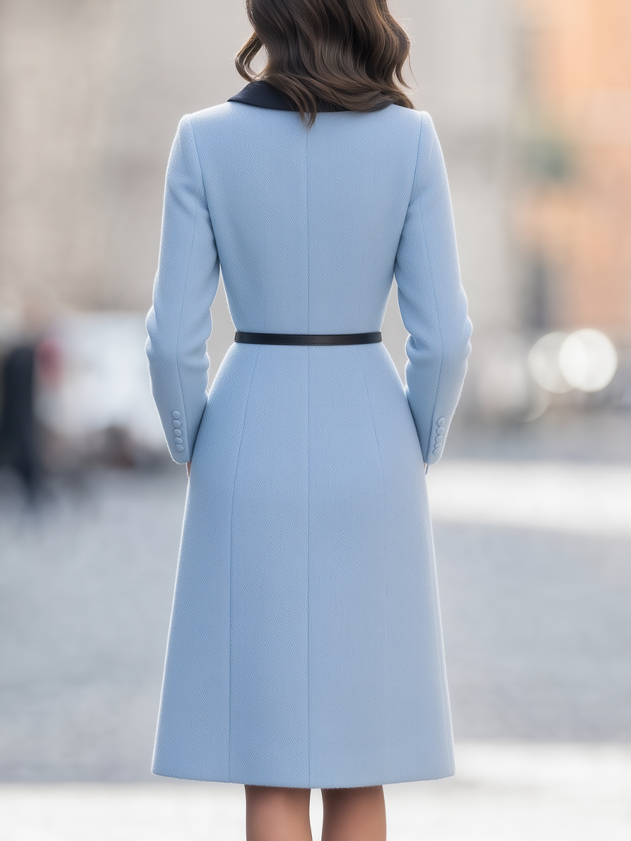 Light Blue Contrast Collar Belted Button Front A-Line Midi Coat