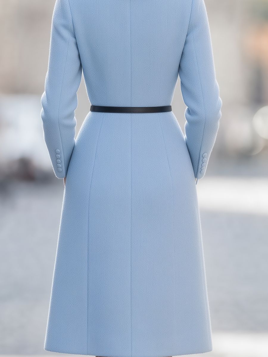Light Blue Contrast Collar Belted Button Front A-Line Midi Coat