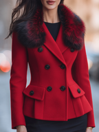 Red Faux Fur Collar Double-Breasted Peplum Tailored Jacket
