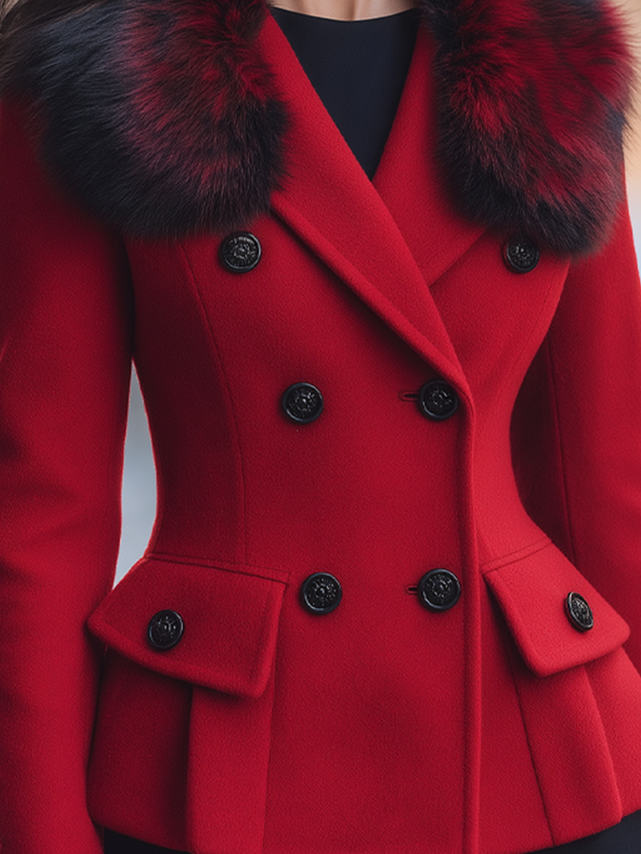 Red Faux Fur Collar Double-Breasted Peplum Tailored Jacket