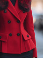 Red Faux Fur Collar Double-Breasted Peplum Tailored Jacket