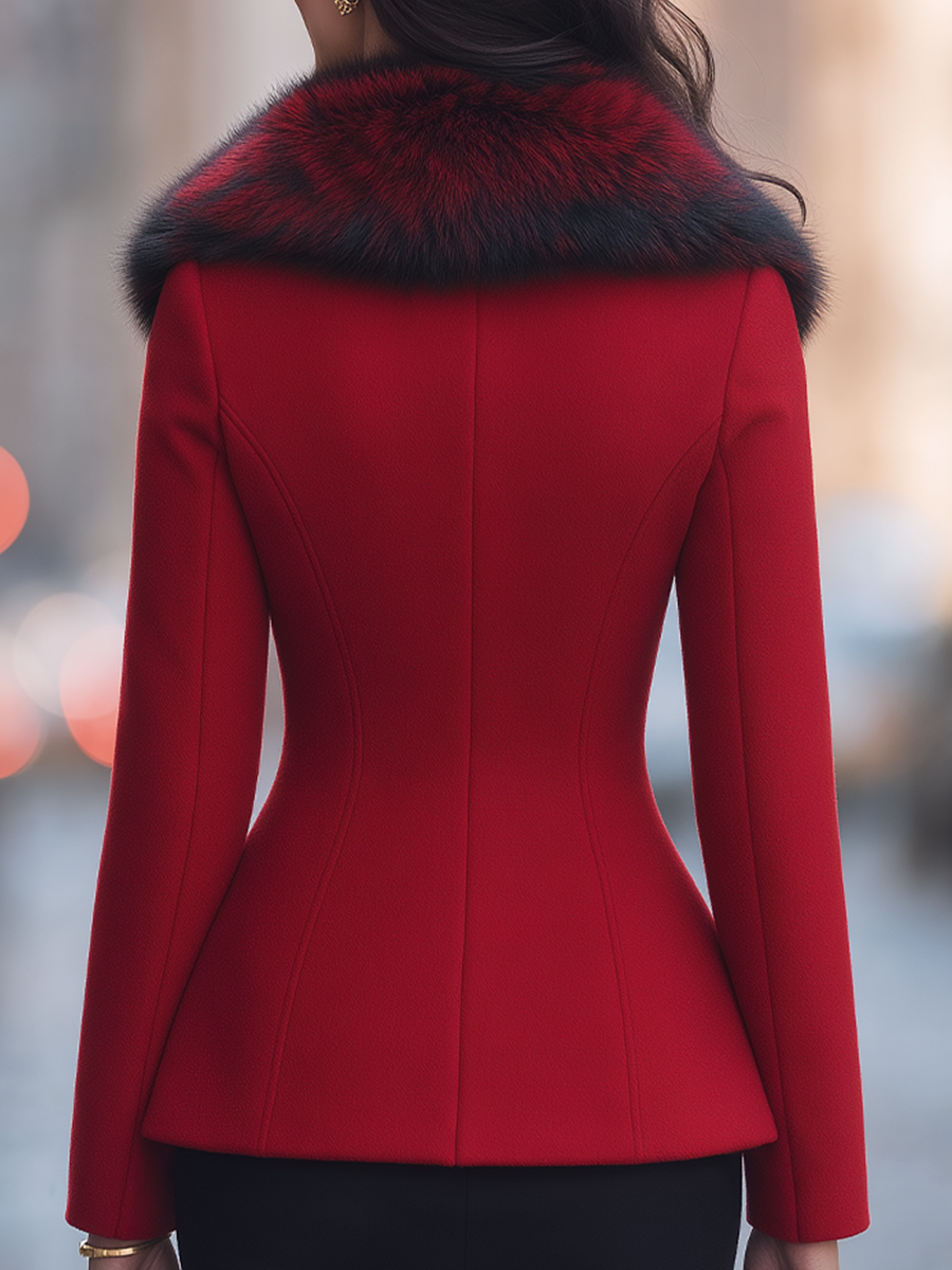 Red Faux Fur Collar Double-Breasted Peplum Tailored Jacket