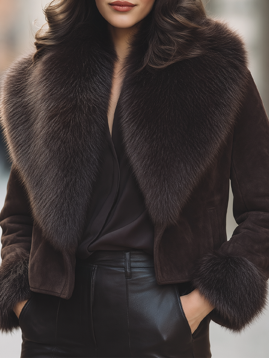 Chocolate Brown Suede Oversized Faux Fur Collar Cropped Jacket