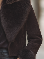 Chocolate Brown Suede Oversized Faux Fur Collar Cropped Jacket