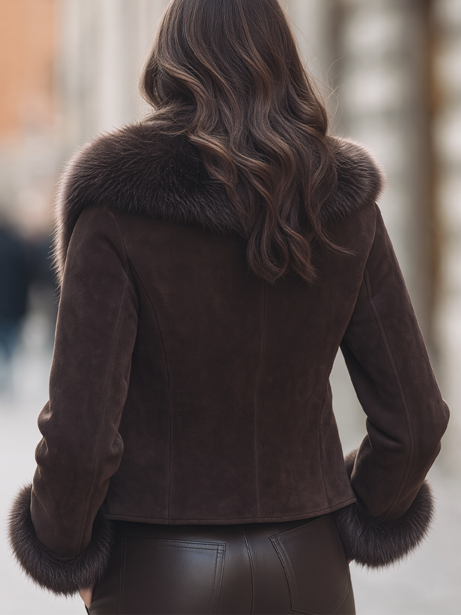 Chocolate Brown Suede Oversized Faux Fur Collar Cropped Jacket