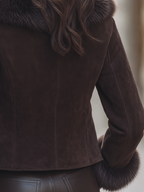 Chocolate Brown Suede Oversized Faux Fur Collar Cropped Jacket