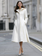 Hooded A-Line Zipper Closure Woolen Swing Coat