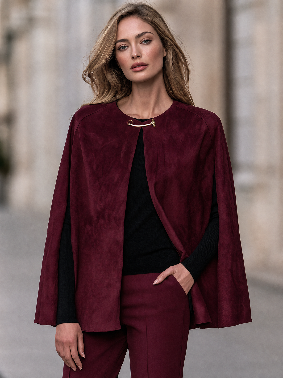 Open-Front Cape Jacket With Gold-Tone Bar Clasp